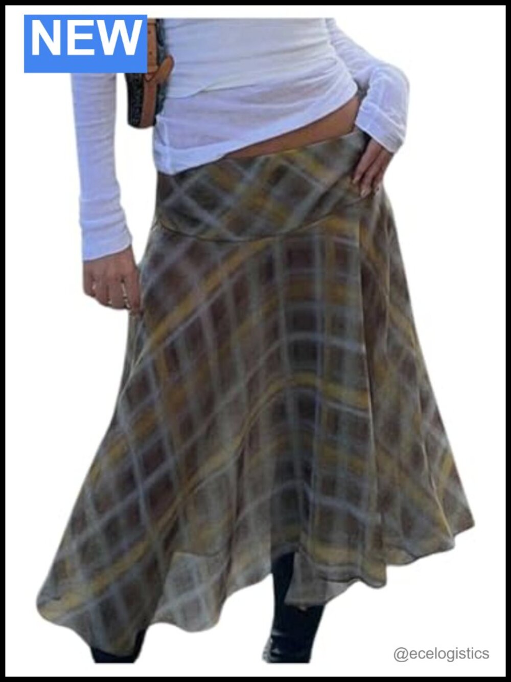 Plaid Asymmetrical Midi Skirt High Waist Ruffle Hem Flowy Women's